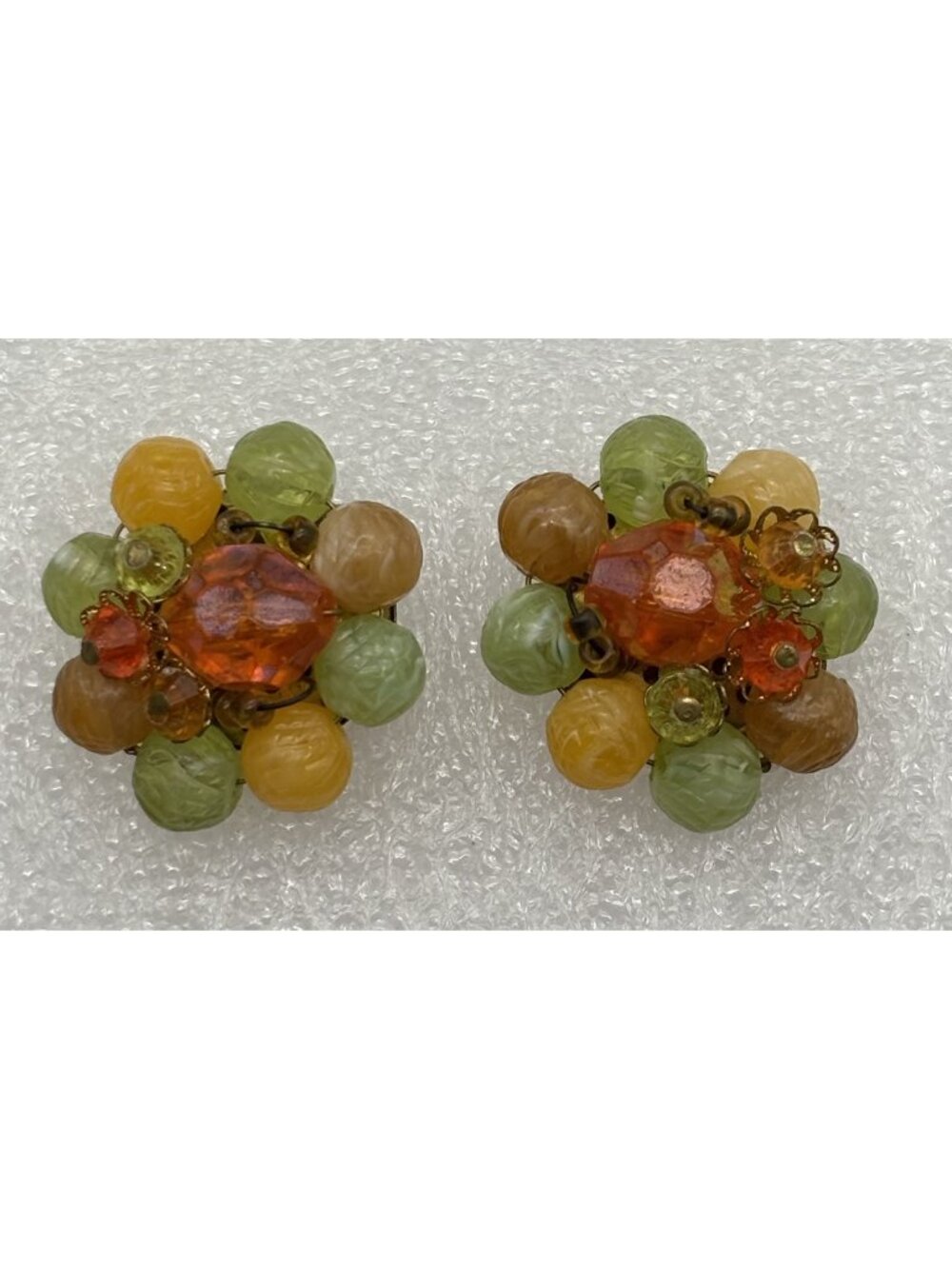 Vintage West Germany Fruit Salad Cluster Clip On Earrings Orange Green Yellow
